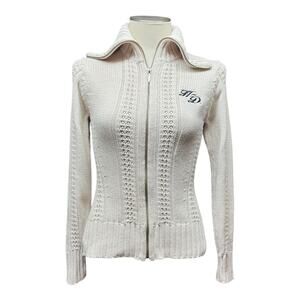 Harley-Davidson Full Zip Shawl Neck Sweater Cream Silver Sparkle Small